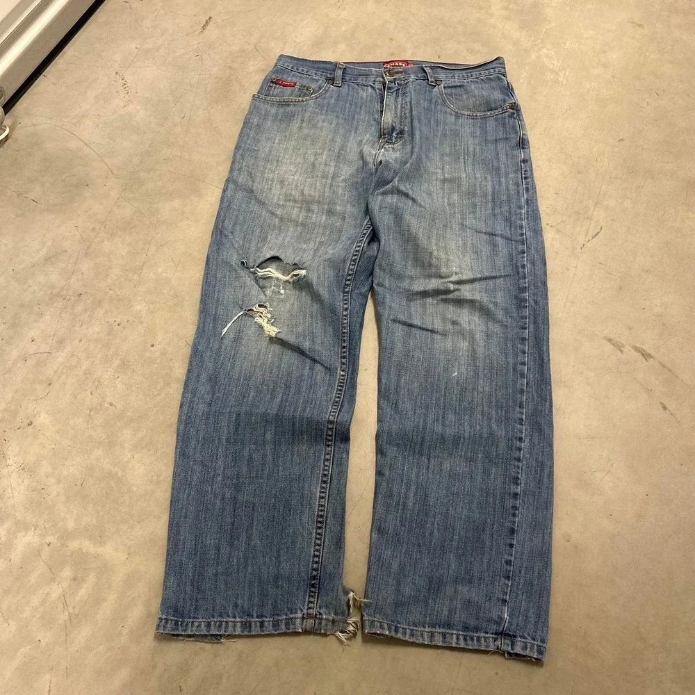 Y2K Dark Wash Grunge Style Wide Leg Relaxed Fit Bootcut Distressed Jeans